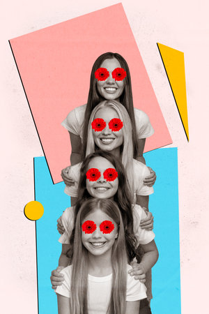 Vertical collage image of positive pretty cute hugging girls 8 march day festive event isolated on painted backgroundの写真素材