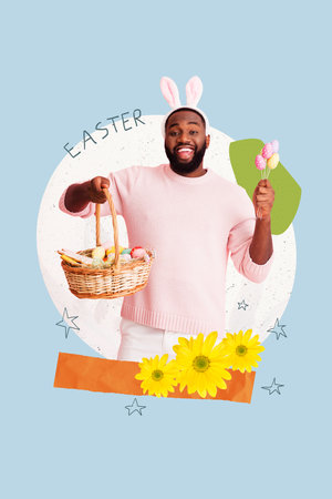 Creative poster collage of cute man hold basket eggs celebrate easter holiday traditional invitation...
