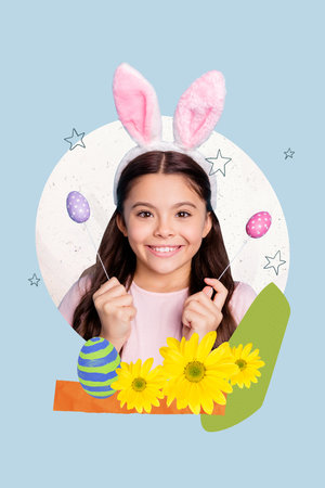 Composite collage image of cute small girl hold eggs celebrate easter holiday traditional invitation...