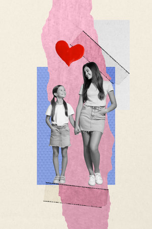 Vertical photo collage of charming mom daughter hold hands walk celebration mother day heart family love isolated on painted backgroundの写真素材
