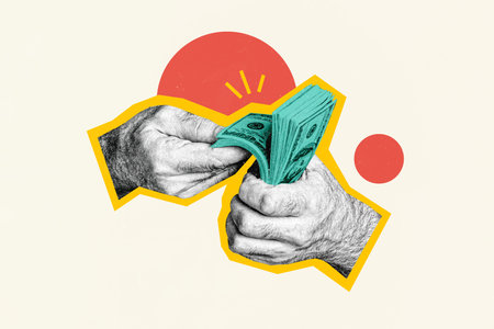 Composite photo collage of massive hairy hands hold wad money count dollars earnings income wealth isolated on painted backgroundの写真素材