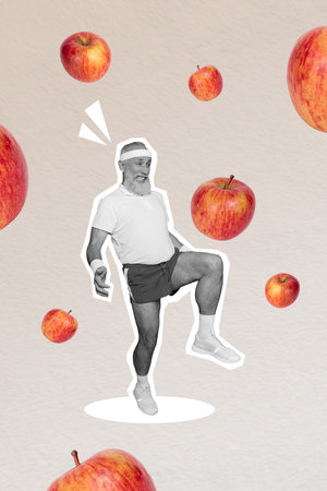 Composite trend artwork sketch 3d photo collage of black white silhuette old man do training exercise healthcare sportman huge applesの写真素材