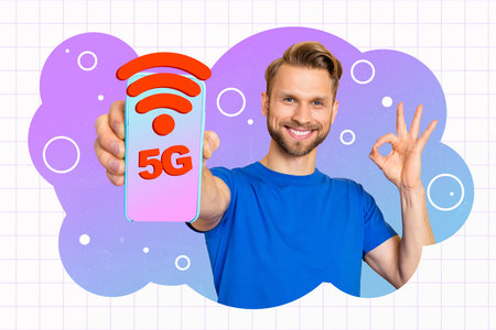 Artwork image trend sketch composite 3d collage photo of young smiled man hold in hand phone 5g global internet connection symbol okayの写真素材