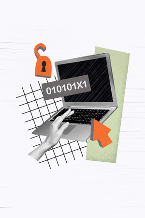 Vertical creative collage poster laptop password verification human hand hacker unlock protection...