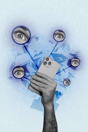 Vertical collage picture of black white colors arm hold smart phone interested people eyes spy watch...