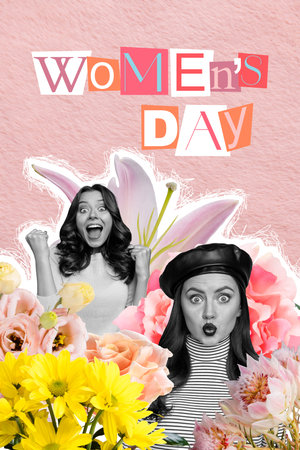 Collage picture of cheerful happy cute girls surrounded fresh blooming flowers isolated on drawing backgroundの写真素材