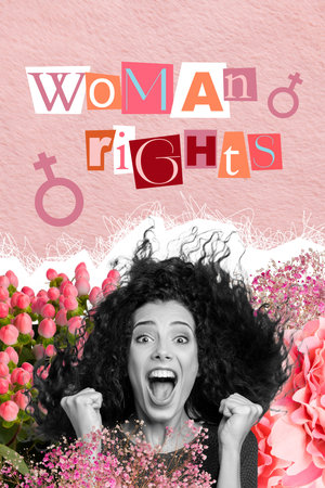 Collage brochure image of cheerful positive woman scream shout glad celebrate woman day isolated on drawing backgroundの写真素材