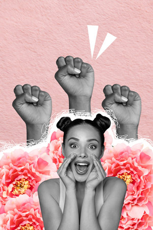 Collage poster artwork of lovely adorable strong woman speaking announcing proclaiming rights isolated on drawing backgroundの写真素材