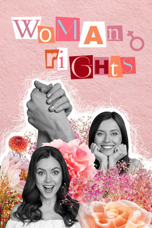 Collage image brochure of two lovely cheerful girls fighting woman rights isolated on drawing backgroundの写真素材