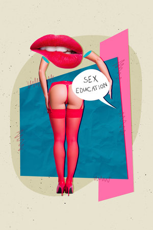 Composite collage image of speech bubble sex education bite lips erotic seductive girl promo concept weird freak bizarre unusualの写真素材