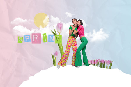 Creative trend collage of cute female friends hugging celebrate spring international woman day...