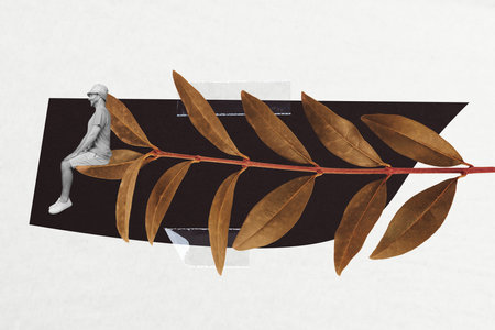 Photo collage creative picture sitting young man plant branch leaves organic environment ecosystem imagination surreal conceptの写真素材