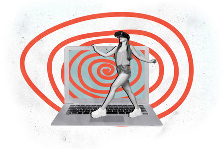 Composite collage image of excited mini black white effect girl walk big laptop vr glasses hypnotic screen isolated on painted backgroundの写真素材