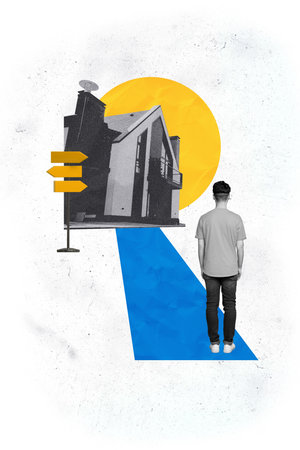 Rear view collage photo war concept of upset refugee migrant homeowner guy stressed when lost his...