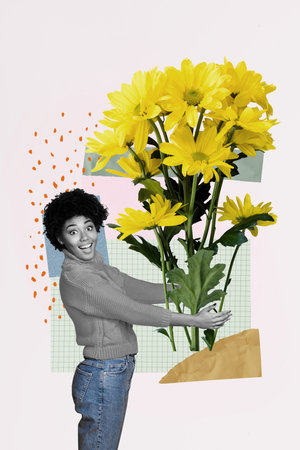 Collage postcard image of cheerful adorable lovely girl hold huge fresh yellow flowers isolated drawing backgroundの写真素材