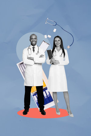 Collage image artwork of happy smiling cheerful doctors professional people work together isolated...