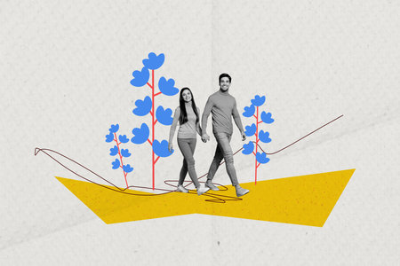 Collage picture of two peaceful black white colors partners hold arms walk drawing trees flowers isolated on paper backgroundの写真素材