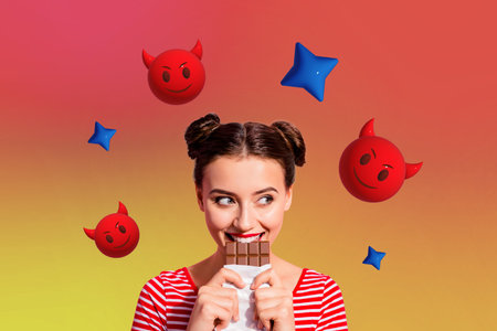 Drawing collage creative template of mischievous girl eat sweet chocolate with calories having evil...