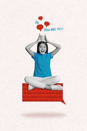 Vertical creative collage picture young sitting girl hold glass milk head communication social network reply correspondenceの写真素材