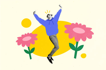Collage sketch image of funky lady walking flowers recording video vlog modern device isolated beige...