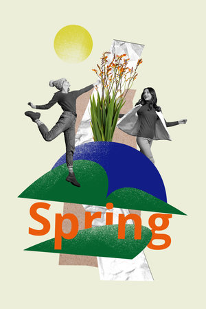 3d retro abstract creative artwork template collage of funny smiling girlfriends enjoying spring walk isolated painting backgroundの写真素材