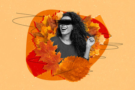 Photo collage creative picture young woman no vision crossed eyes autumn leaves season fall outdoors park leisure walk carefreeの写真素材