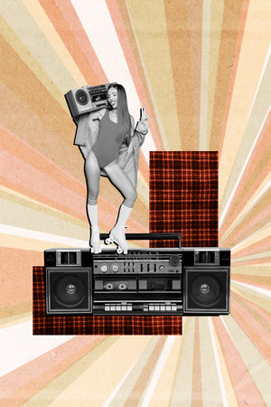 Creative 3d photo artwork graphics collage painting of happy smiling lady enjoying boom box music isolated drawing backgroundの写真素材