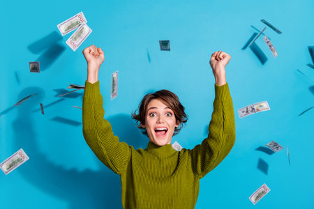 Photo of cheerful positive glad girl wear khaki trendy clothes raise fits celebrate win jackpot...