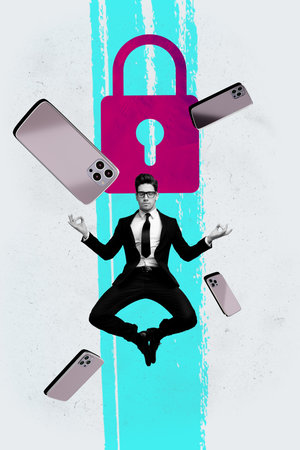 Vertical picture collage of business man jumping in asana balance when his password and login safety...