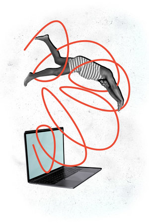 Collage vertical illustration of jumping guy diving into laptop choosing best resort to travel...
