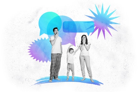 Abstract template graphics collage image of yawning family getting annoying messages isolated white color backgroundの写真素材