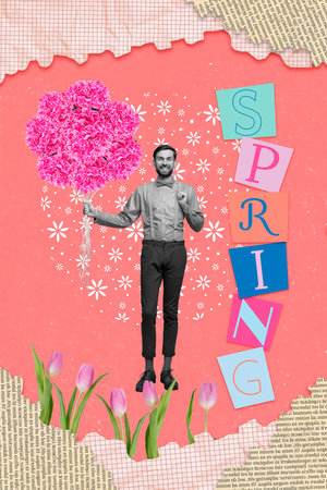 Vertical creative composite photo collage of preppy man hold hydrangea bouquet on international...