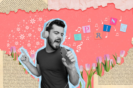 Composite photo sketch collage of carefree funny man in headphones sing song in smartphone enjoy...
