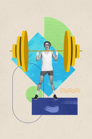 Retro magazine collage picture of sporty guy doing exercise powerlifting raised barbell up motivation isolated on beige backgroundの写真素材