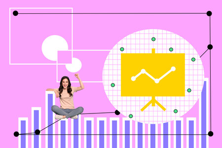 Creative collage young happy girl celebrate success show project presentation good results...