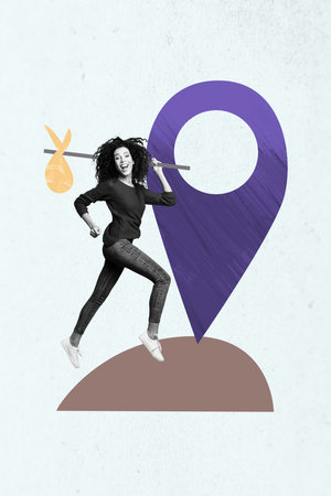 Vertical photo illustration young happy excited woman go hiking homeless refugee tourist small bag destination mark geolocationの写真素材