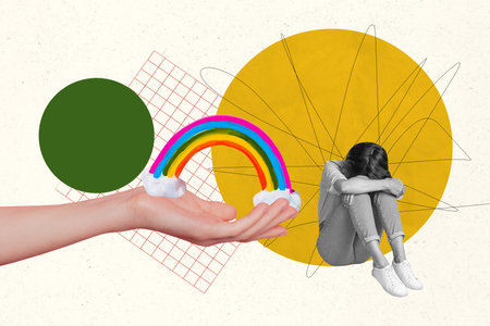 Creative collage poster young depressed girl sitting cry despair anxiety hand present rainbow psychological treatment antidepressantの写真素材