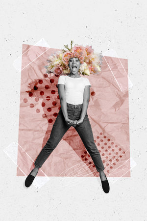 Vertical collage picture of astonished black white colors girl jumping fresh flowers instead hair isolated on painted paper backgroundの写真素材