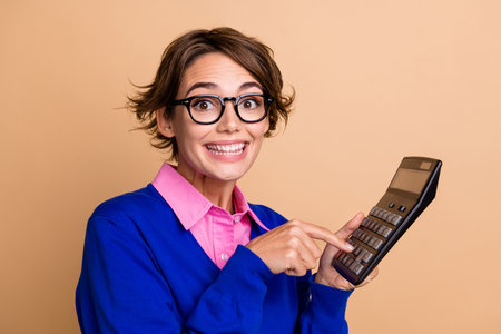 Photo portrait of pretty young girl hold excited calculator dressed stylish blue outfit isolated on beige color backgroundの写真素材
