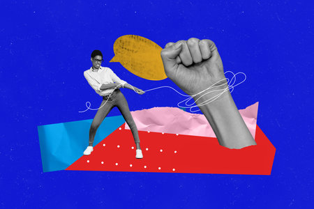 3d abstract creative artwork template collage of persistent businesswoman pulling hand fist project management weird freak bizarre unusualの写真素材
