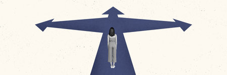 Panoramic creative collage standing alone girl thinking choice decide way direction arrow left right...