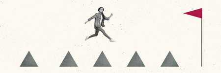 Creative panoramic photo collage young persistent girl overcome difficulties challenge reach...
