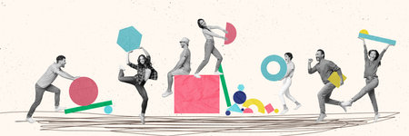 Creative panoramic photo collage teamwork concept cooperation successful project management joyful...