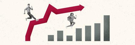 Panoramic creative photo collage running man girl dynamic arrow charts statistics progress reach...