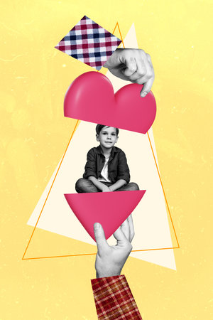 Composite collage picture image of hands parents hold heart half little boy son valentine day love bizarre unusual fantasy billboardの写真素材