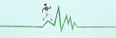 Panoramic collage image young running girl diagram road challenge persistent leadership target...