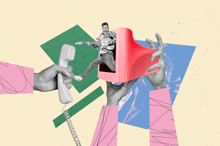 3d retro abstract creative artwork template collage of excited guy playing guitar inside vintage...