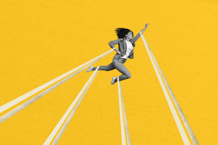 Creative collage picture confident young girl fly upwards hero ambitious leader achieve target goal...