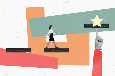 Photo creative collage picture businesswoman walk towards star target goal achievement pointing finger formalwear career promotion purposeの写真素材