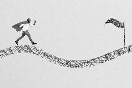 Photo collage artwork minimal picture of purposeful guy wear superhero cape running finish isolated...